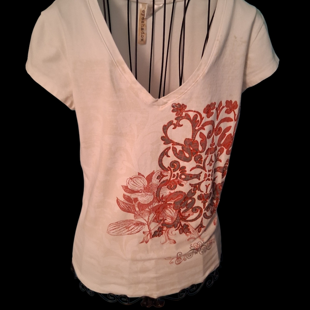 Eyeshadow White Tee with Red Floral Design